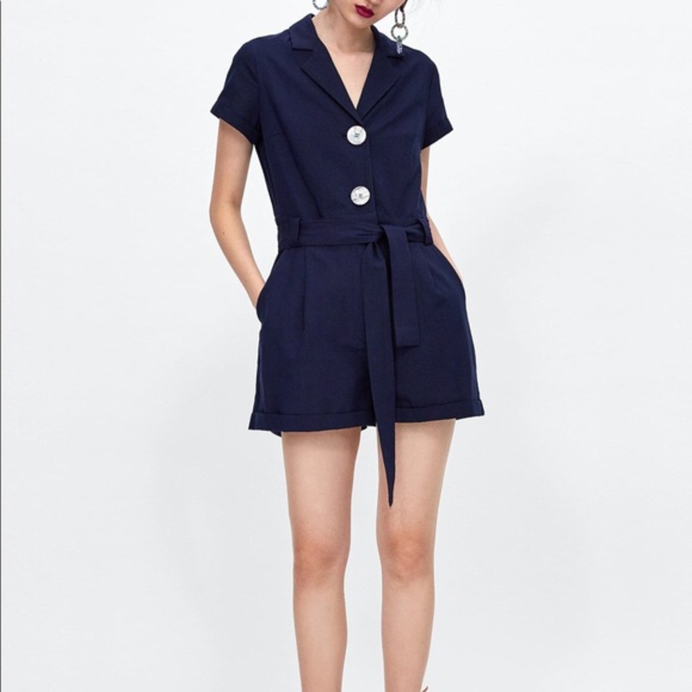 Zara Navy Button Up Boiler Playsuit